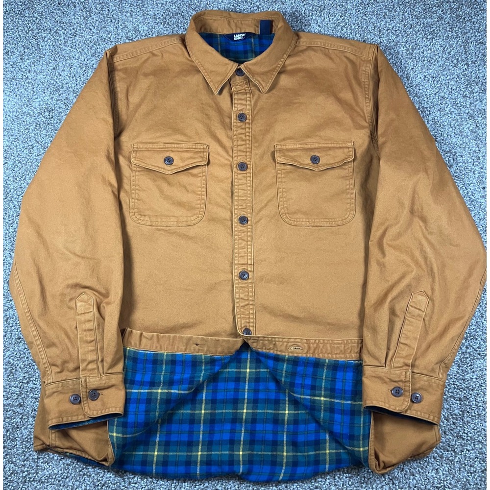 Lands End Mens Large Plaid Flannel Lined Canvas Shirt Jacket Brown Shacket
